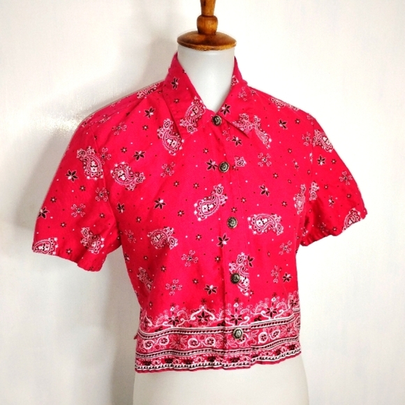 WESTERN STYLE KERCHIEF COTTON CROP BLOUSE - Picture 1 of 10